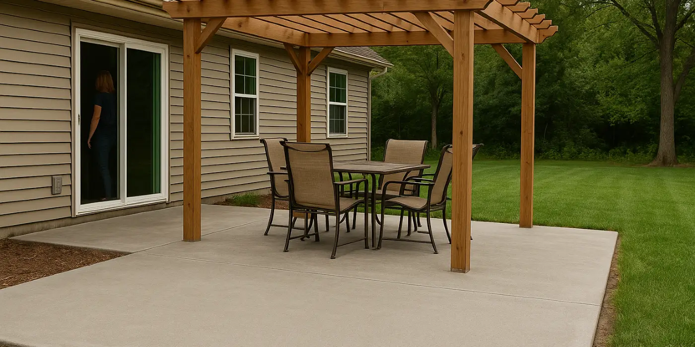 a concrete patio with a pergola from San Antonio Concrete Master in Boerne, TX - Boerne TX