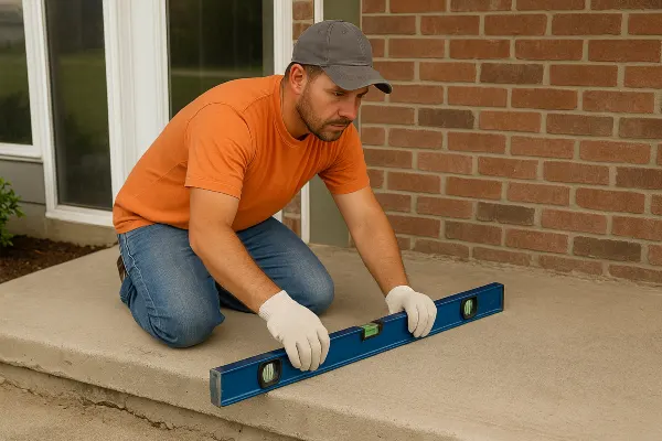 a male worker leveling a concrete slab porch from San Antonio Concrete Master in Boerne, TX - Boerne TX