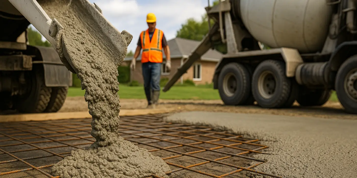 Cement truck pouring cement on a rebared ground from San Antonio Concrete Master in Cibolo, TX - Cibolo TX