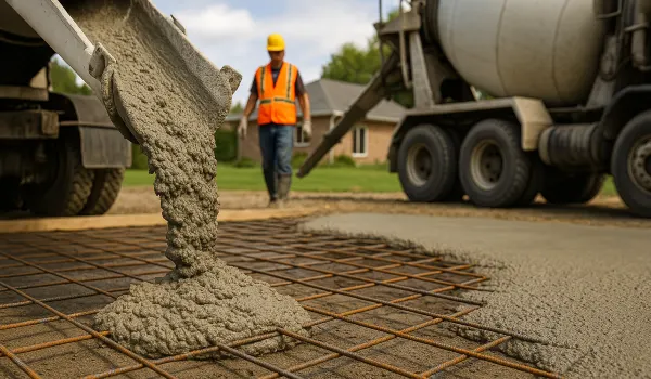 Cement truck pouring cement on a rebared ground from San Antonio Concrete Master in Cibolo, TX - Cibolo TX