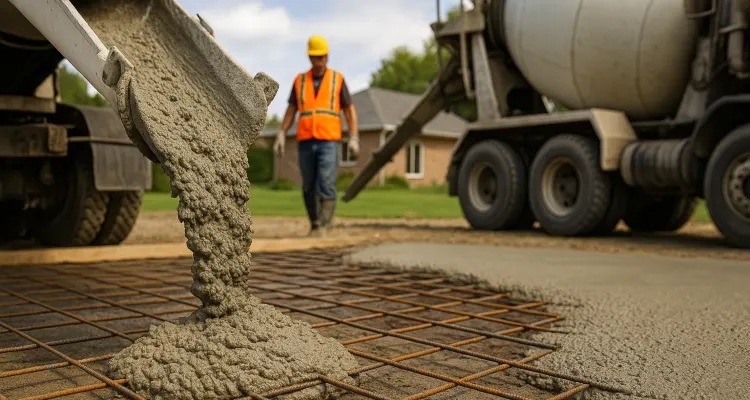 Cement truck pouring cement on a rebared ground from San Antonio Concrete Master in Cibolo, TX - Cibolo TX
