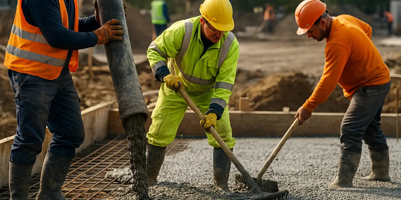 3 concrete contractors spreading concrete on the ground from San Antonio Concrete Master in San Antonio, TX 