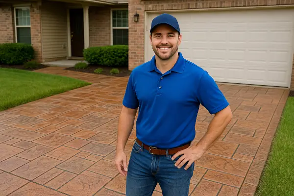 a concrete contractor smiling at the camera with stamped concrete behind him from San Antonio Concrete Master in San Antonio, TX - Concrete Cutting