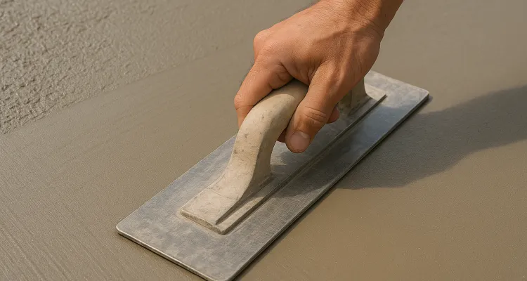 a hand trowel being used on a fresh cement slab to smooth it from San Antonio Concrete Master in San Antonio, TX - concrete footing contractors