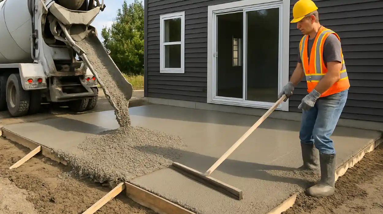 a man spreading the cement a truck is pouring to build a patio from San Antonio Concrete Master in San Antonio, TX - concrete patio contractors