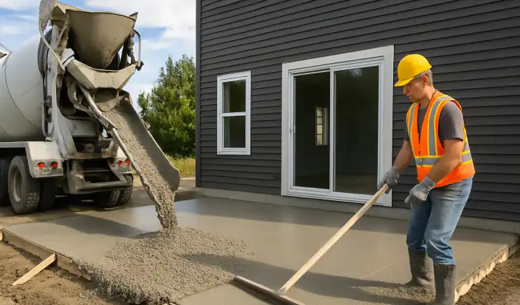a man spreading the cement a truck is pouring to build a patio from San Antonio Concrete Master in San Antonio, TX - concrete patio contractors