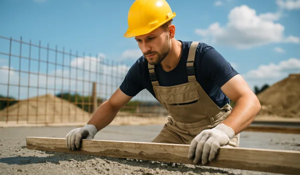a male concrete worker spreading fresh cement on rebared ground from San Antonio Concrete Master in San Antonio, TX - concrete slab contractors
