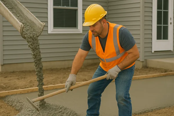 a man spreading the cement that a truck is pouring on the ground from San Antonio Concrete Master in San Antonio, TX - residential concrete contractors san antonio