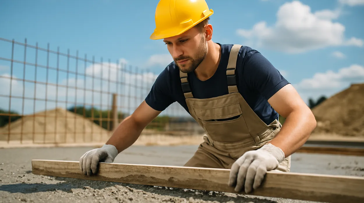 a male concrete worker spreading fresh cement on rebared ground from San Antonio Concrete Master in Schertz, TX - Schertz TX